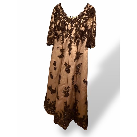 Vintage Jovani Evening Gown US Women's M/L Brown Tan Beaded Lace Mother of Bride - Picture 2 of 16